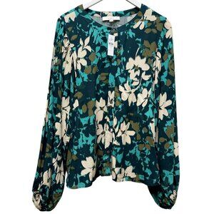 LOFT Blouse Size XL Teal Floral Flowy Womens Top Rayon Long Sleeve NWT